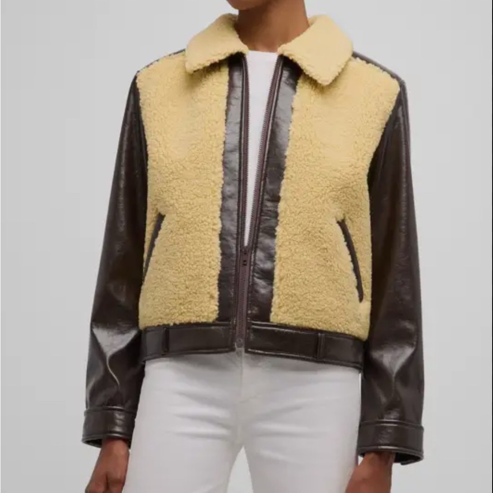 Mother The Sidecar Faux Shearling & Vegan Leather Jacket in Brown and Cream